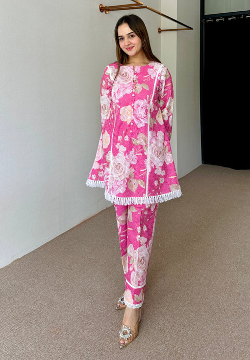 Pink Floral Schiffi Festive Kurta Set